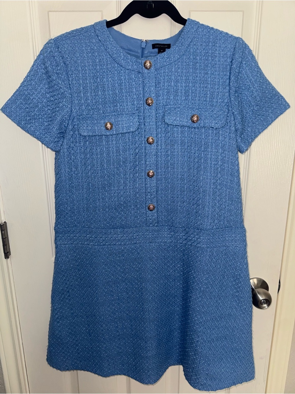 Textured Blue Short Sleeve Shift Dress